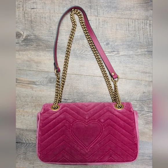 Gucci Fuchsia Velvet GG Marmont Limited Edition Heart Embellishments - Picture 2 of 10